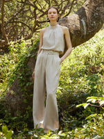 100% Linen Women Straight Leg Pants With Belt GOELIA