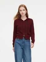 100% Wool Zip-Up Women Knit Hooded Cardigan GOELIA