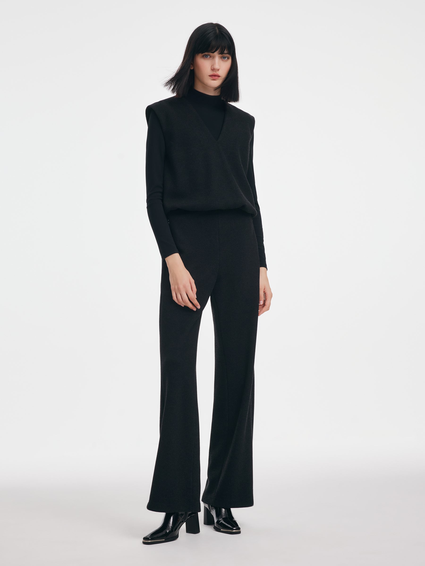 Ribbed Mock Neck Knit Top & Tank & Pants Three-Piece Set GOELIA