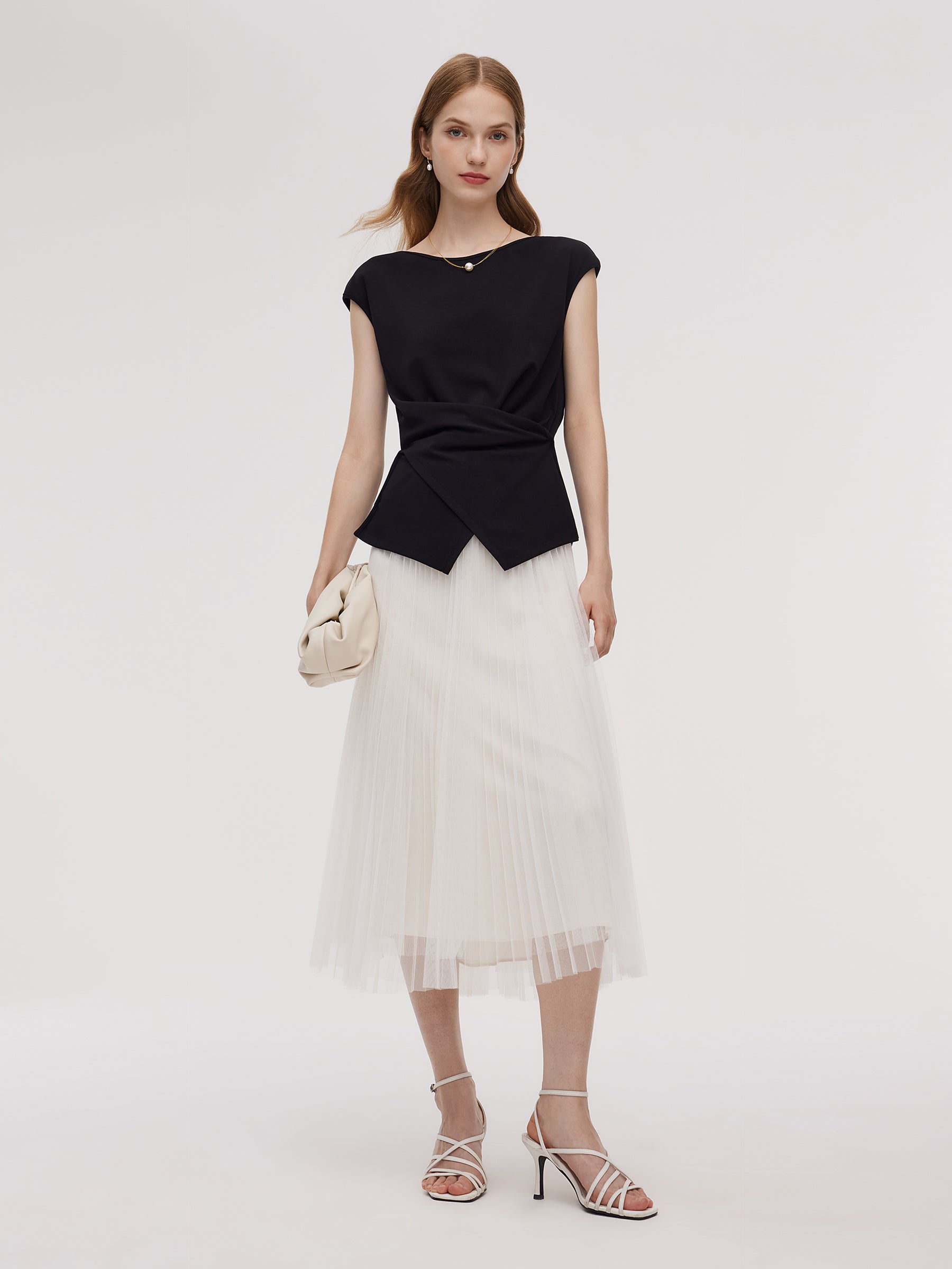 Adjustable Hem Knit Top And Mesh Pleated Skirt Two-Piece Set GOELIA