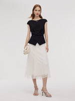 Adjustable Hem Knit Top And Mesh Pleated Skirt Two-Piece Set GOELIA