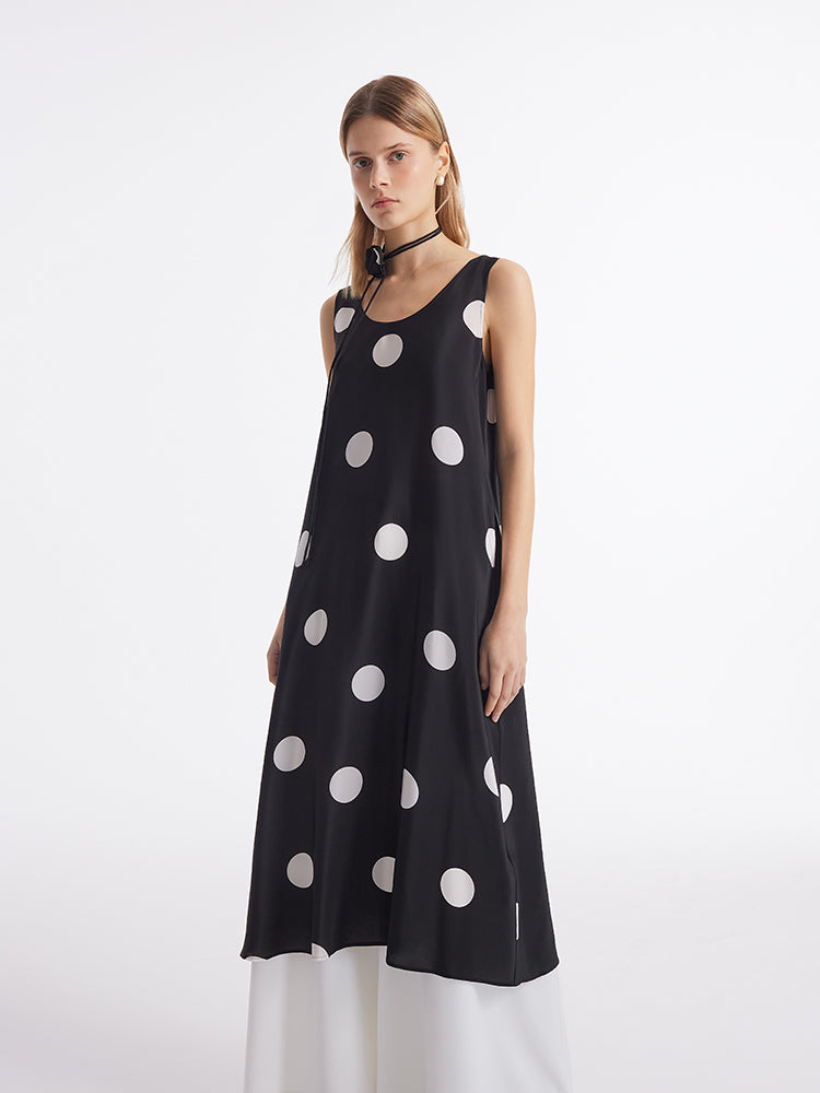 16 Momme Mulberry Silk Polka Dots Printed Women Vest Midi Dress With Belt And Rose Clip And Bottomed Skirt GOELIA