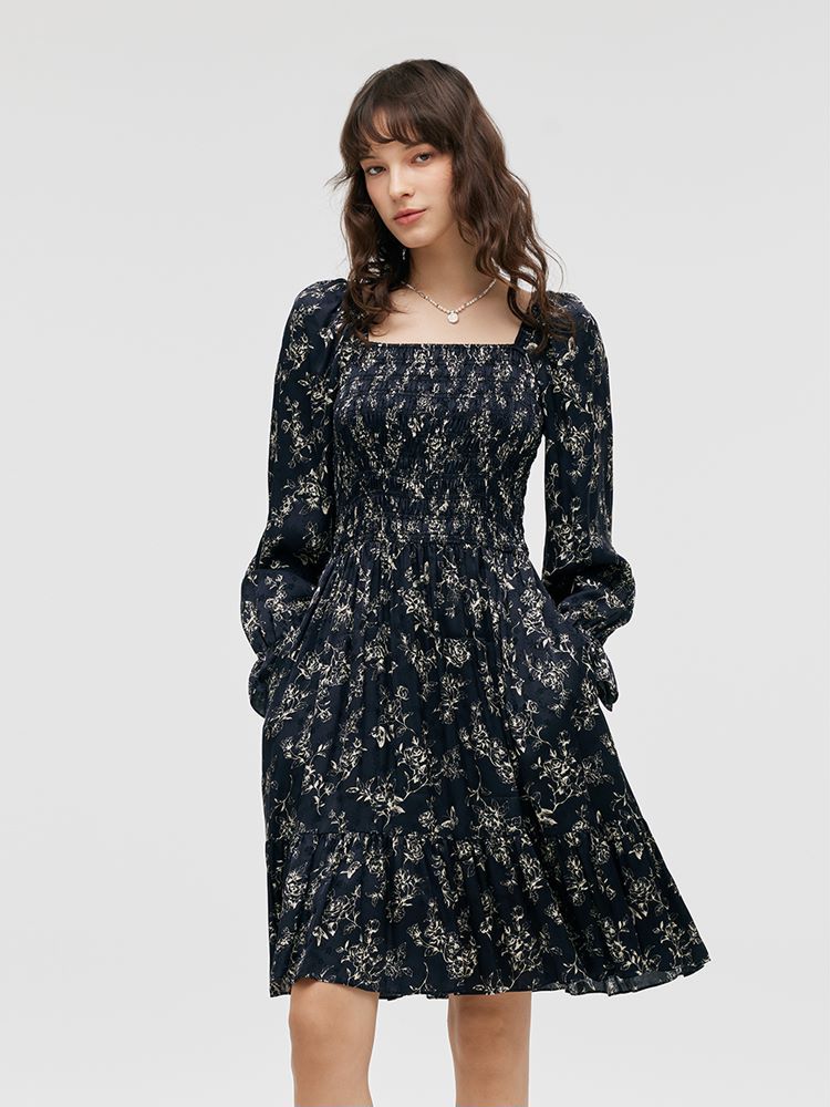 Butterflies Print Square Neck Ruffle Trim Women Mini Dress GOELIA