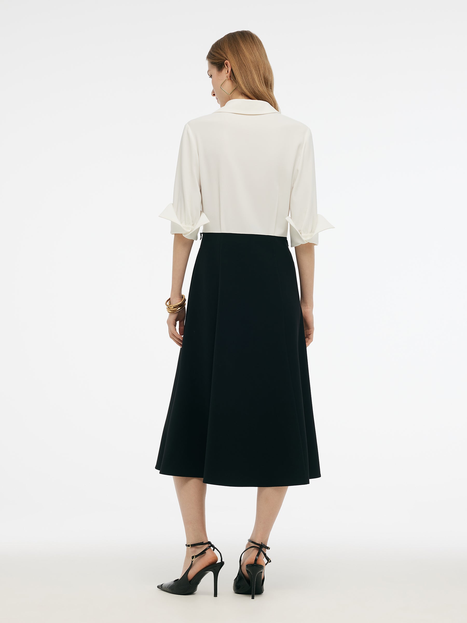 Faux-Layered Color Block Women Midi Dress With Leather Belt – GOELIA