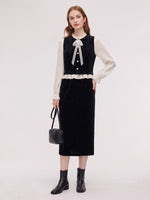 [Preview] Velvet Ruffle Top And Skirt Two-Piece Set With Detachable Bow GOELIA