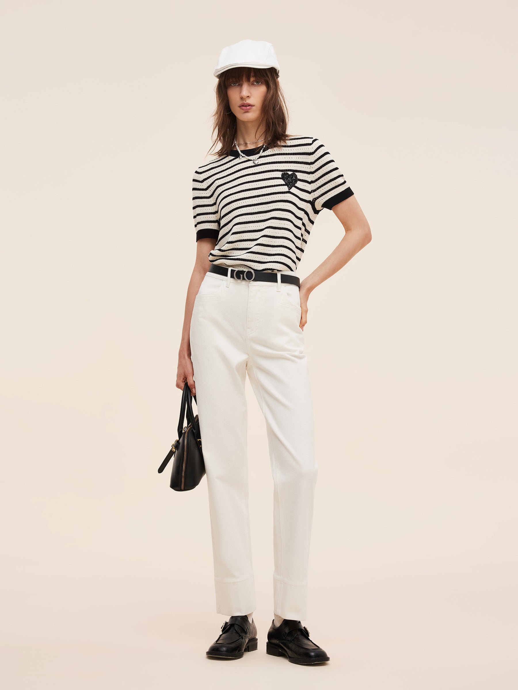 100% Cotton Stripe Women Openwork Knit T-Shirt GOELIA