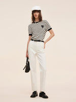 100% Cotton Stripe Women Openwork Knit T-Shirt GOELIA