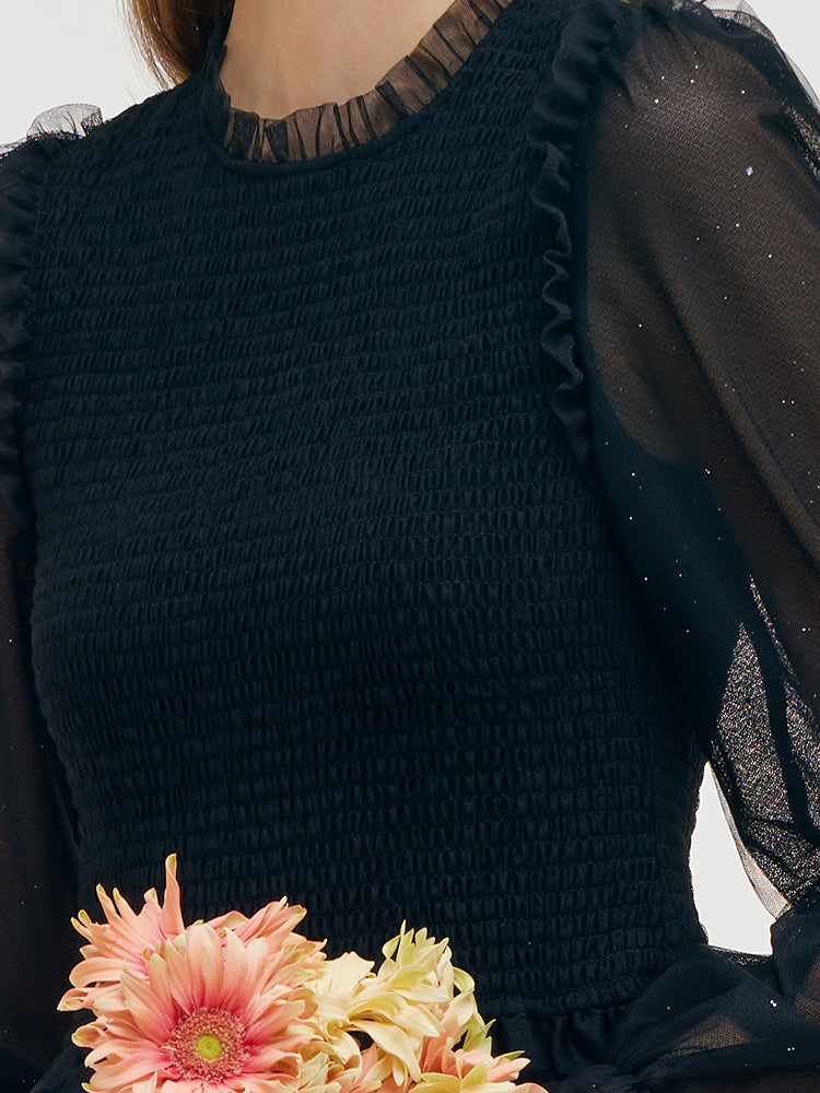 Ruffle Collar Tulle Women Midi Dress GOELIA