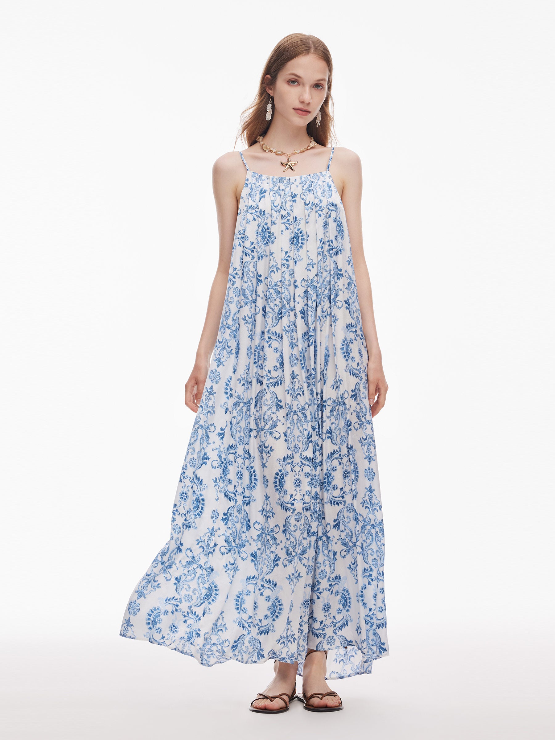 Floral Print Pleated Women Adjustable Straps Maxi Dress GOELIA