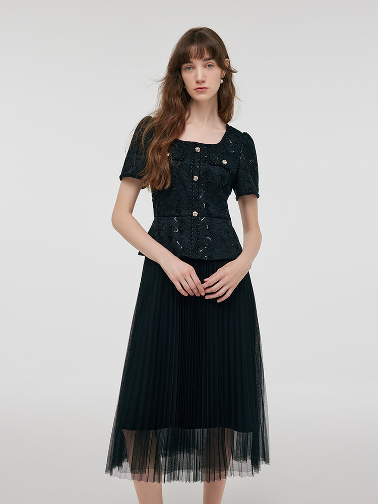 Lace Patchwork Tulle Women Midi Dress GOELIA