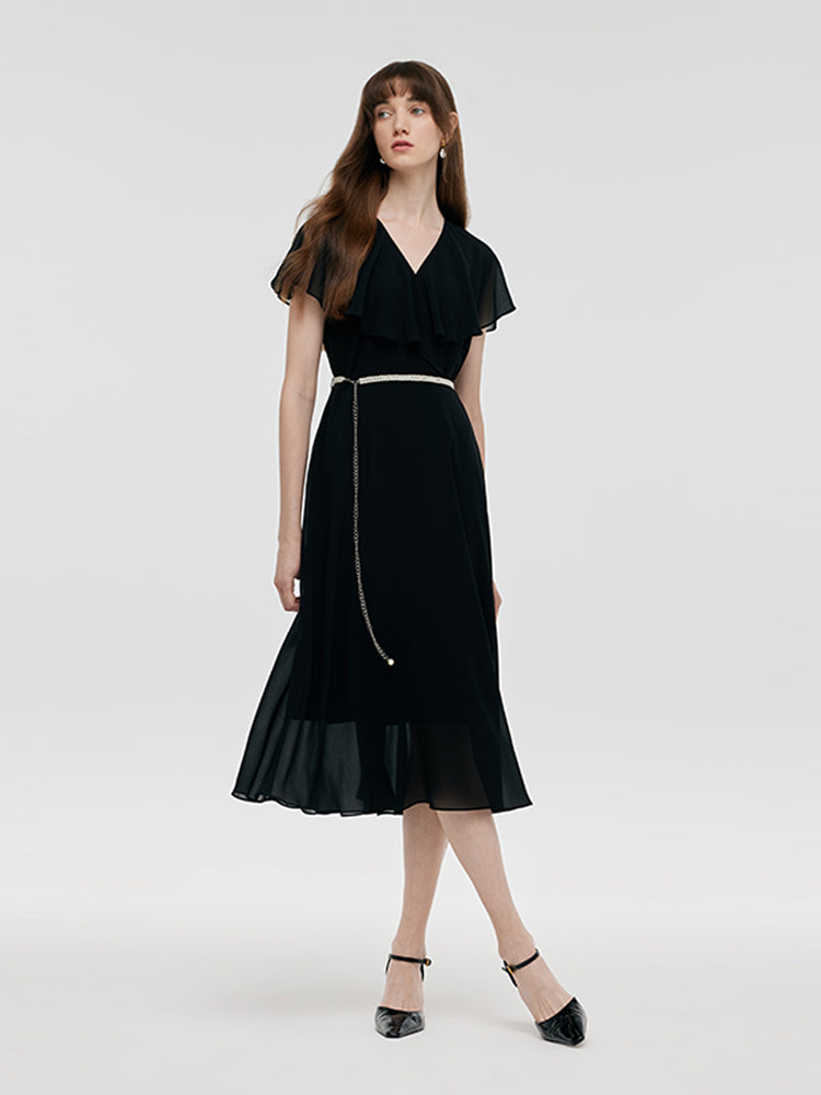 Gathered Waist Women Midi Dress With Beaded Belt GOELIA