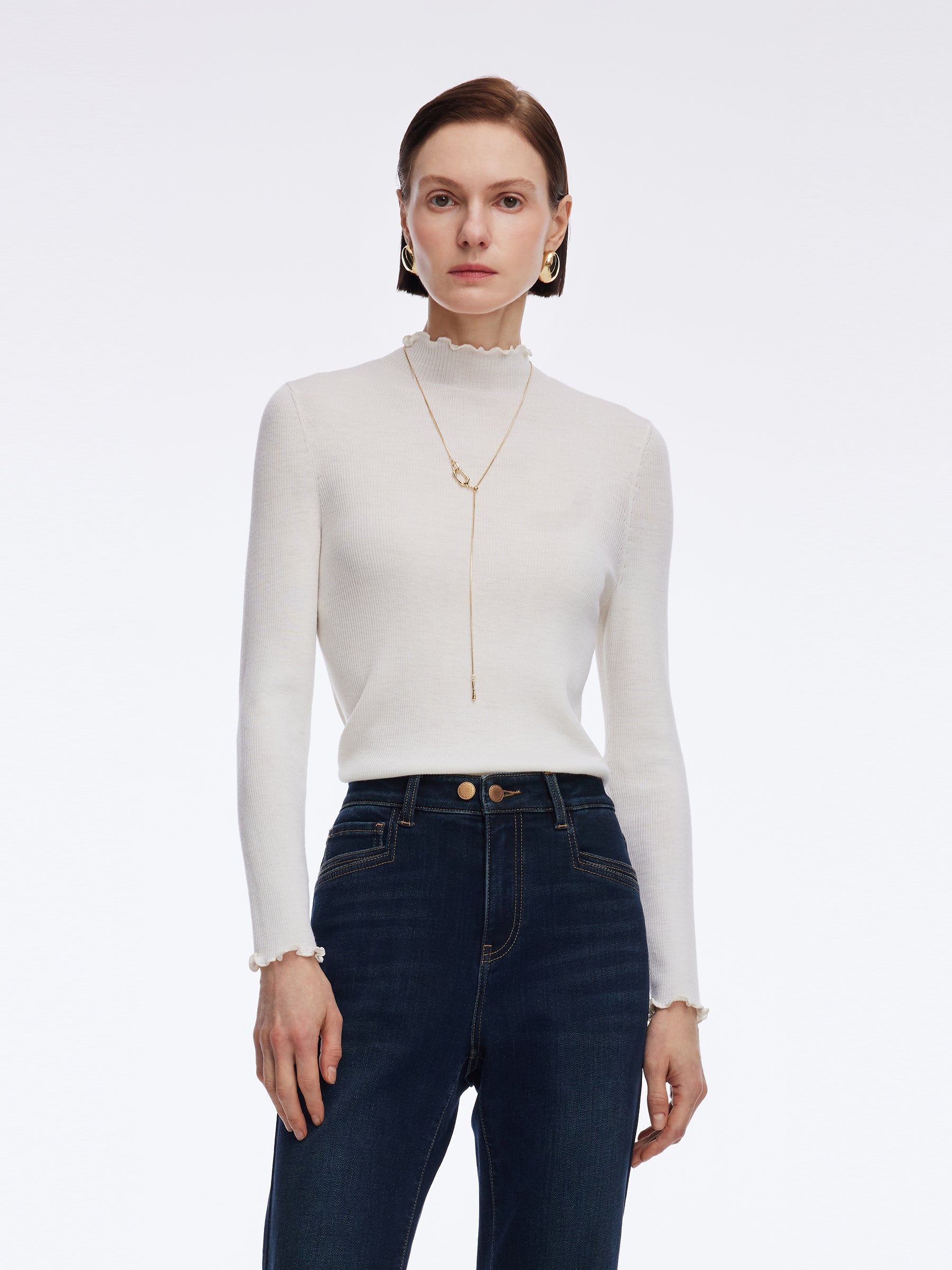 100% Machine Washable Wool Ruffle Mock Neck Women Knit Top GOELIA