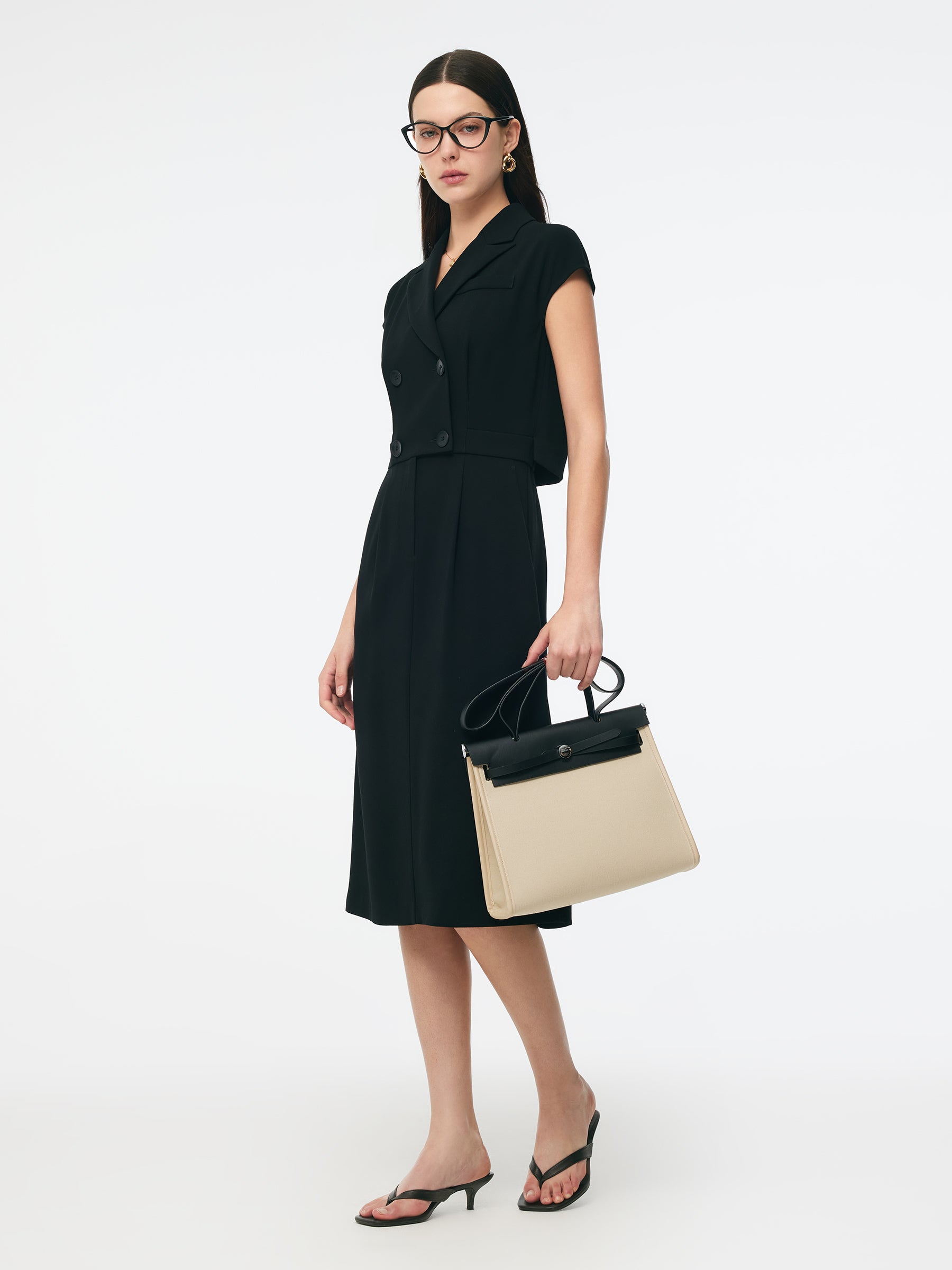 Triacetate Faux Two-Piece Cap Sleeve Women Blazer Midi Dress GOELIA