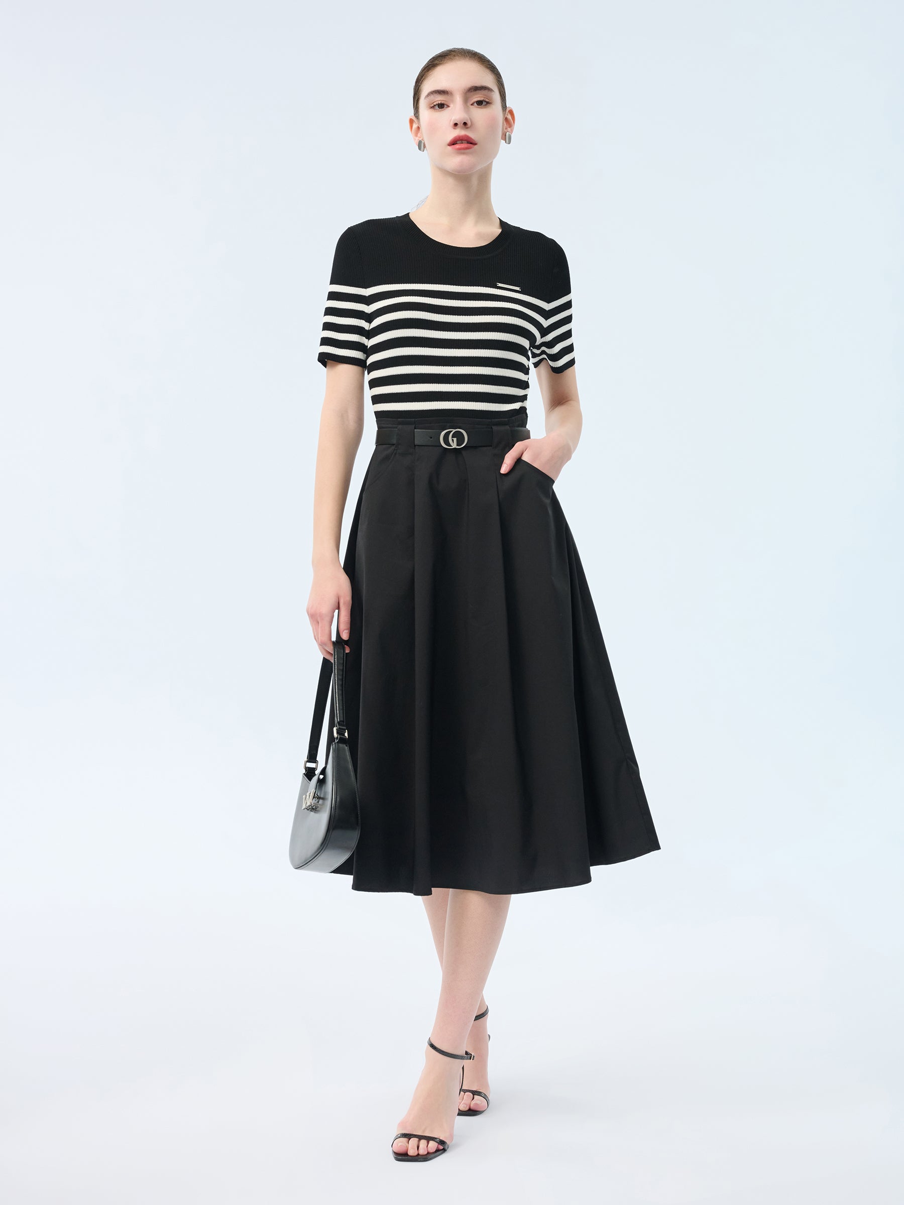 Lyocell Blend Stripe Patchwork Women Midi Dress With Belt GOELIA