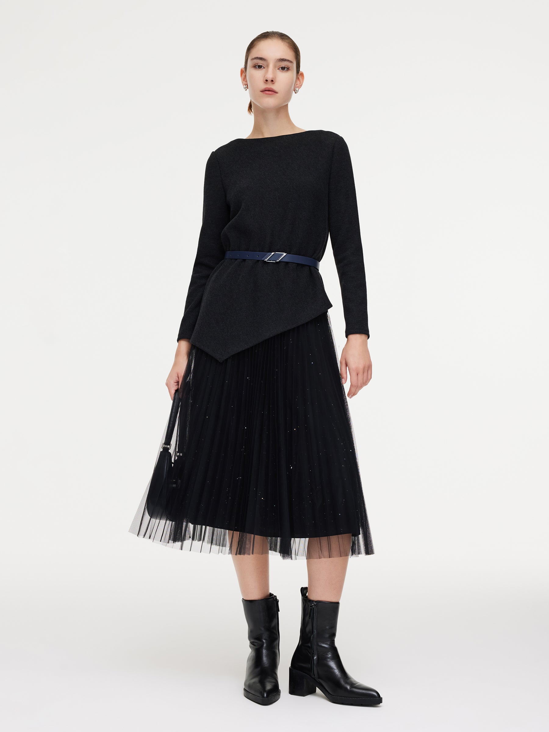 Asymmetrical Hem Top And Mesh Skirt Two-Piece Set With Belt GOELIA