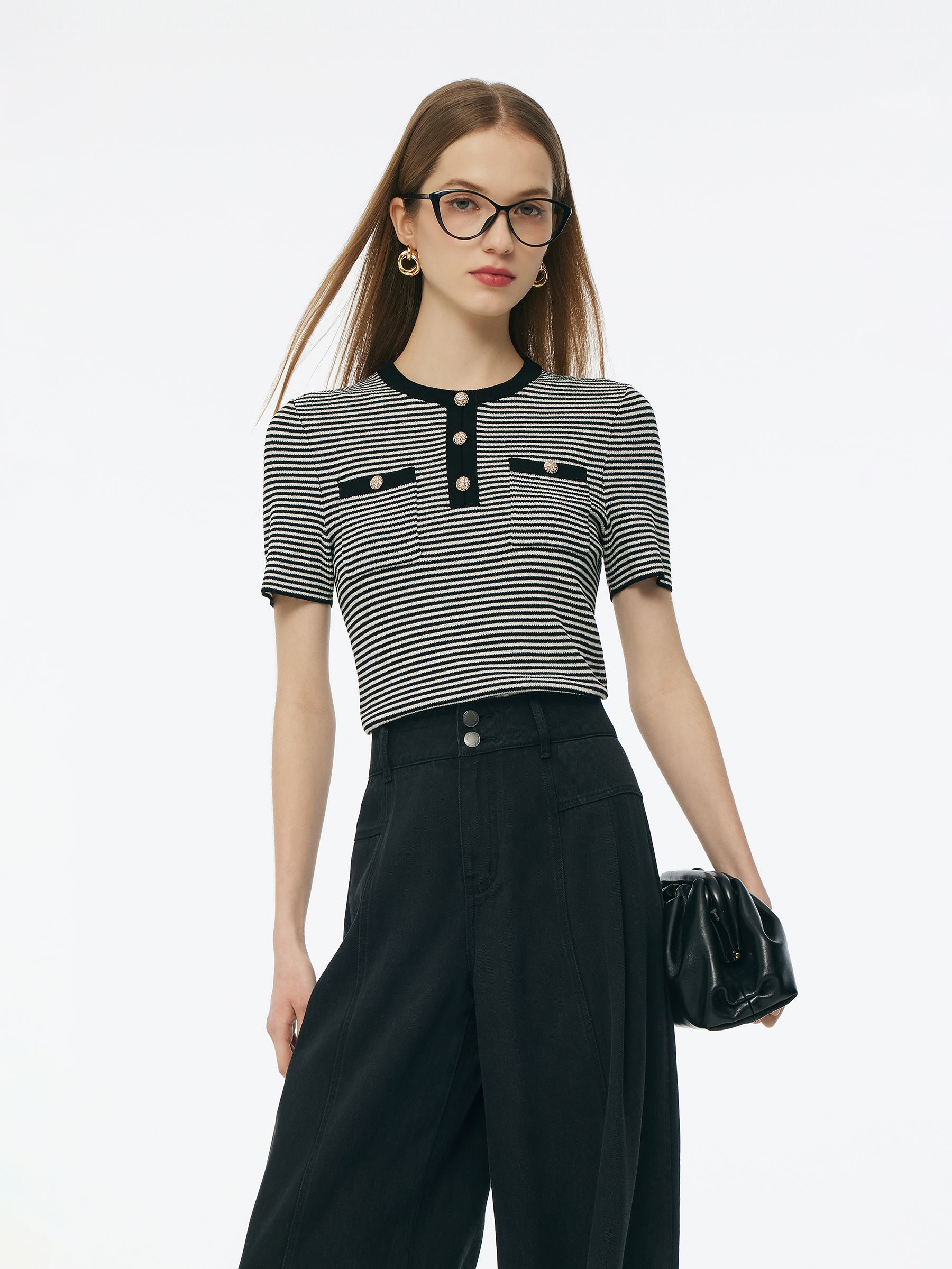 Tencel Blend Black And White Stripe Women Knit Top GOELIA