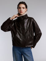 [Preview] PU Leather Goose Down Jacket With Detachable Faux Fur Collar GOELIA