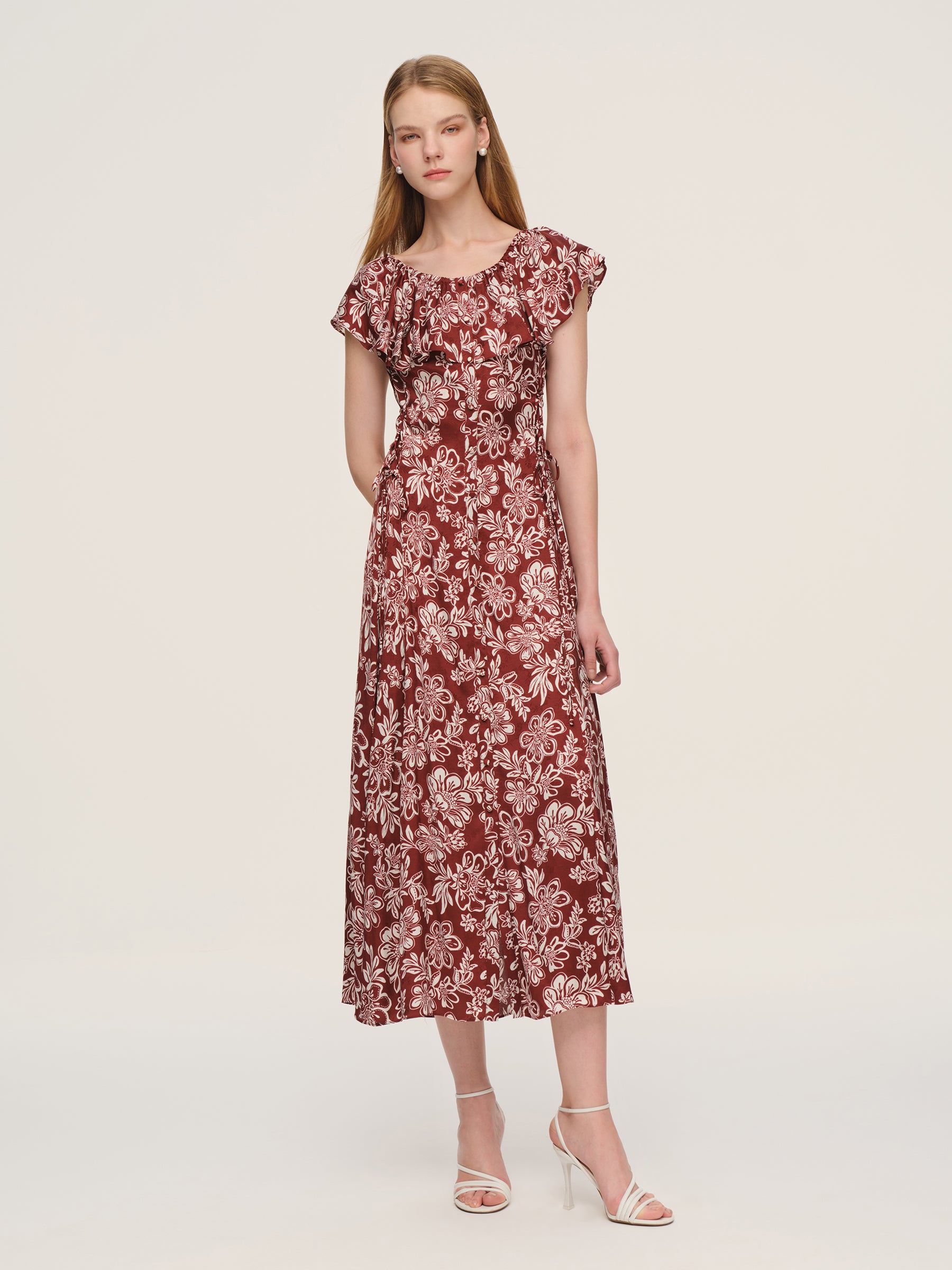 Marigold Floral Print Convertible Elastic Neck Women Maxi Dress GOELIA