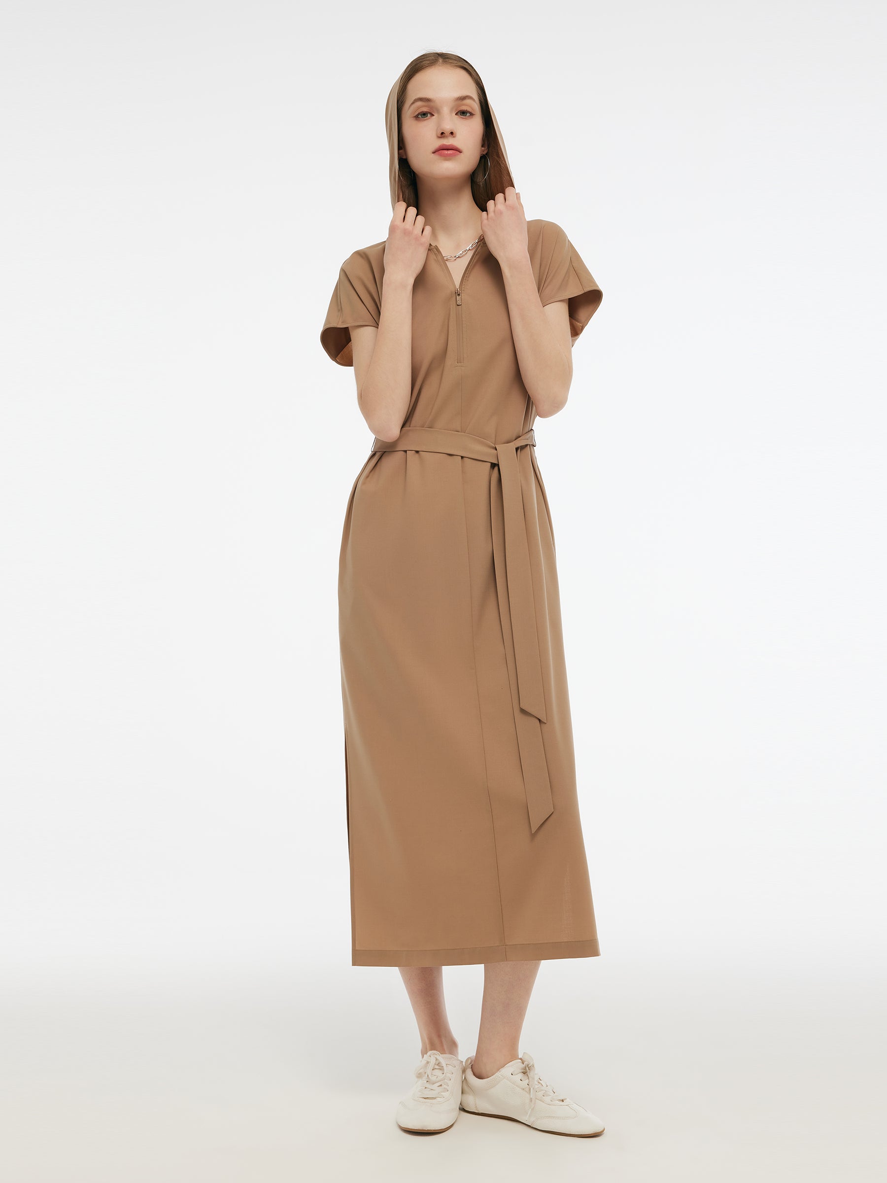 Worsted Wool Blend Women Hooded Belted Maxi Dress GOELIA