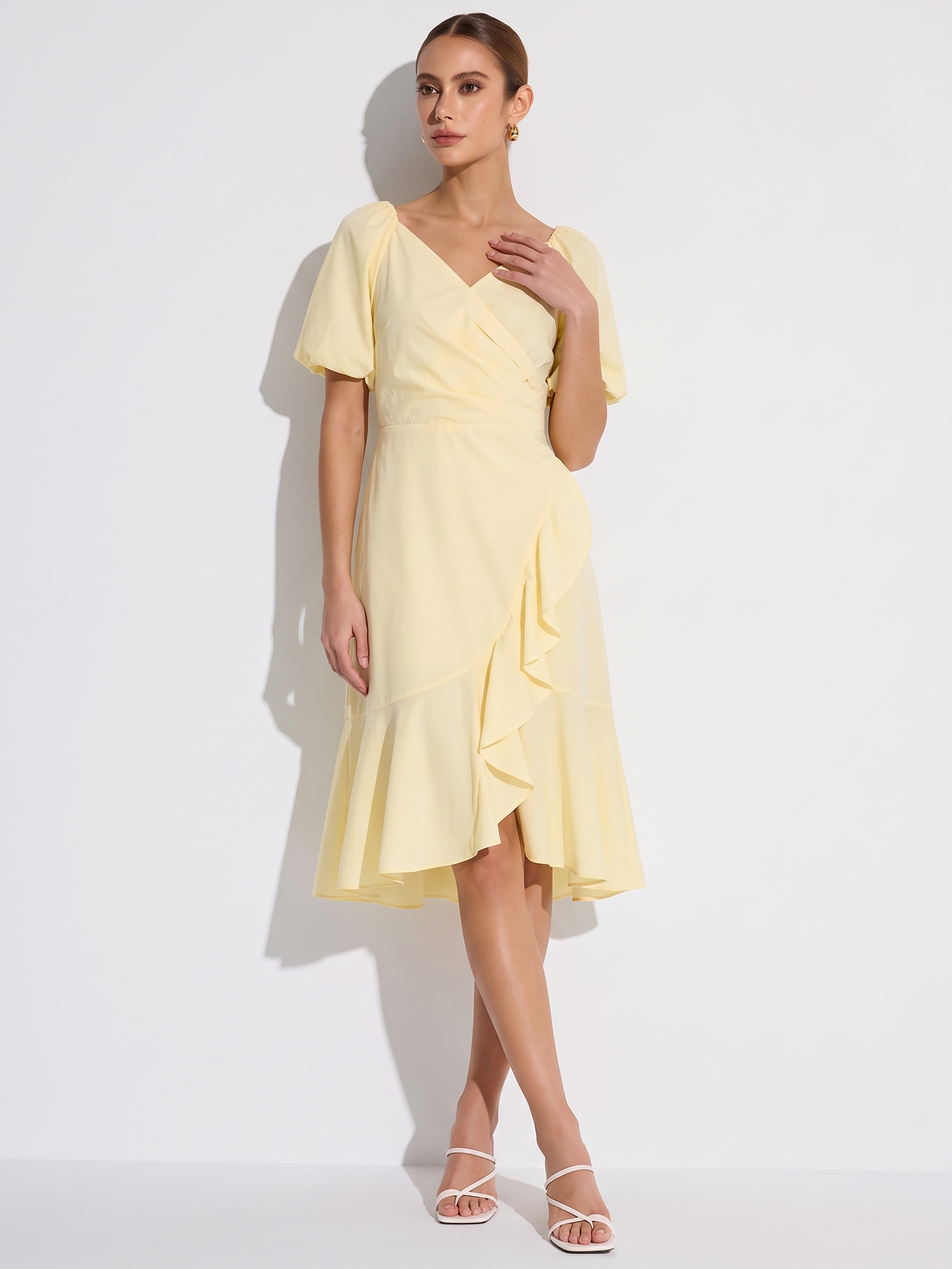 100% Cotton Ruffle Puff Sleeve Women Wrap Midi Dress GOELIA