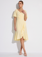 100% Cotton Ruffle Puff Sleeve Women Wrap Midi Dress GOELIA