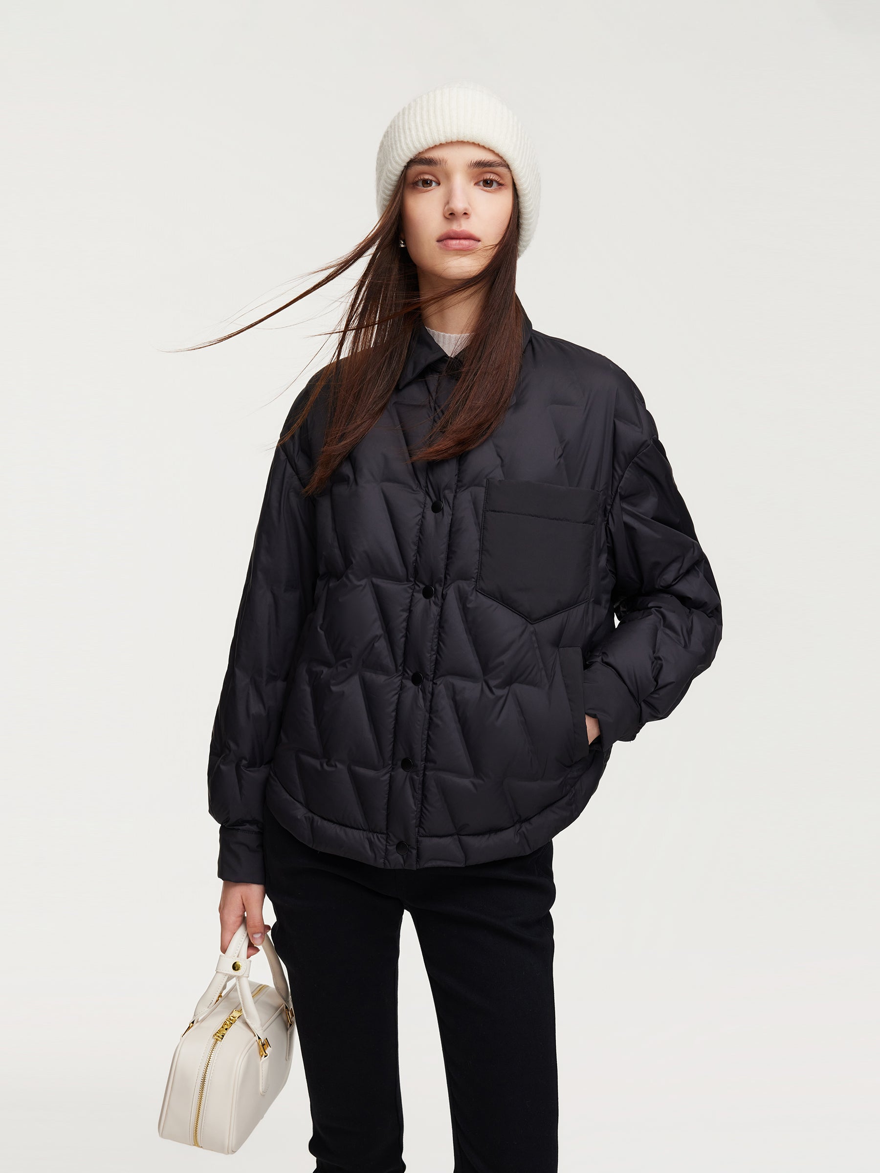 [Preview] Drawstring Hem Shirt Collar Goose Down Jacket GOELIA