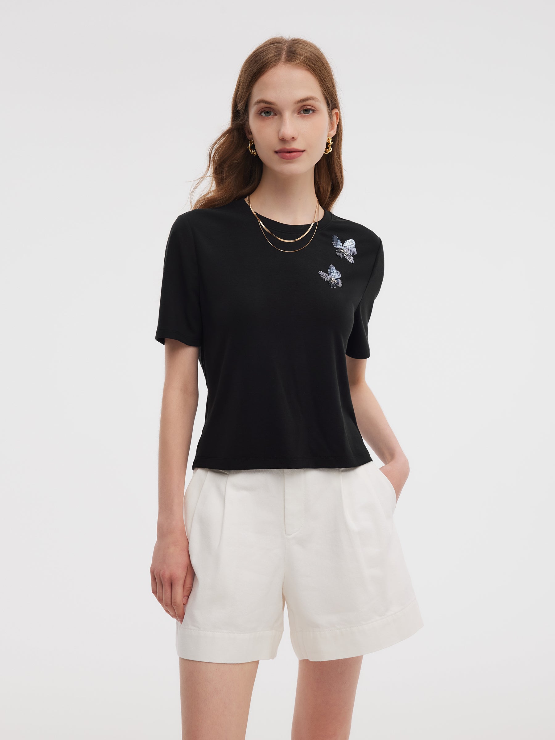 Tencel Blend Butterfly Sequin Embroidered Women T-Shirt GOELIA