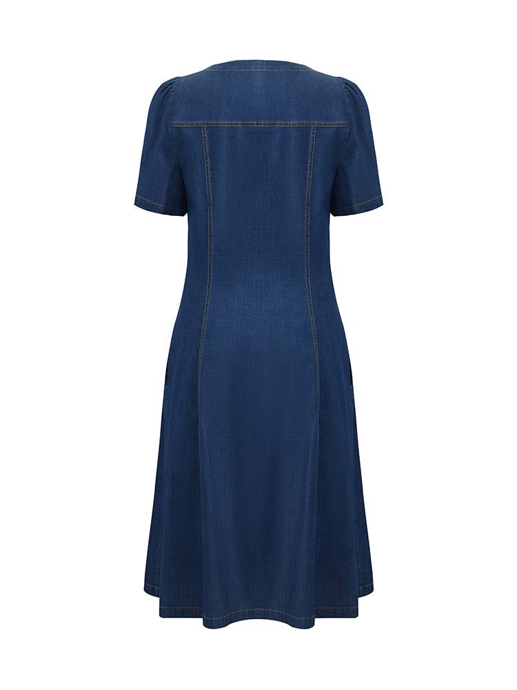 Denim Puff Sleeves Single-Breasted Women Midi Dress GOELIA