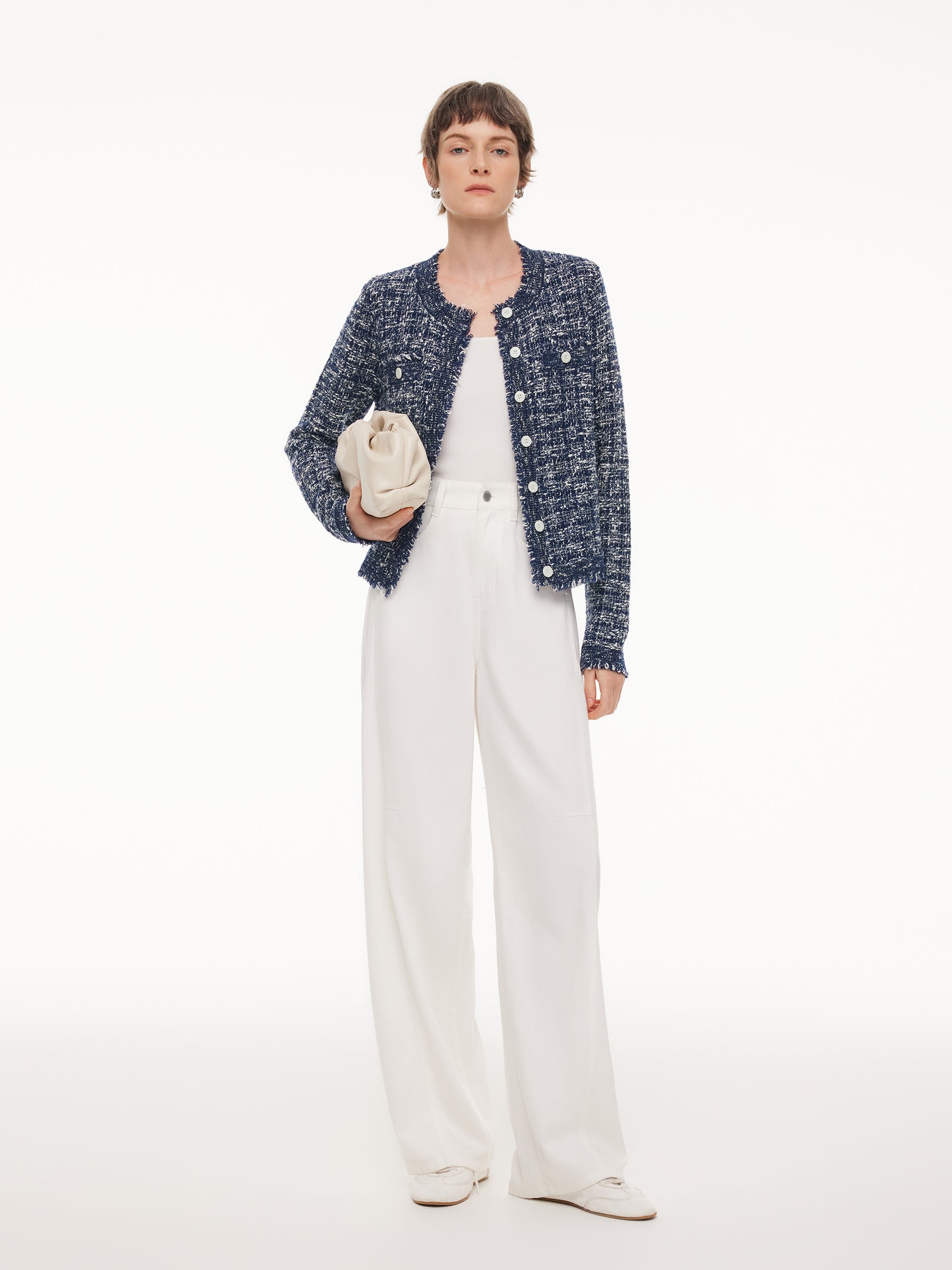 Wool Cotton Blend Frayed Trim Women Cardigan GOELIA