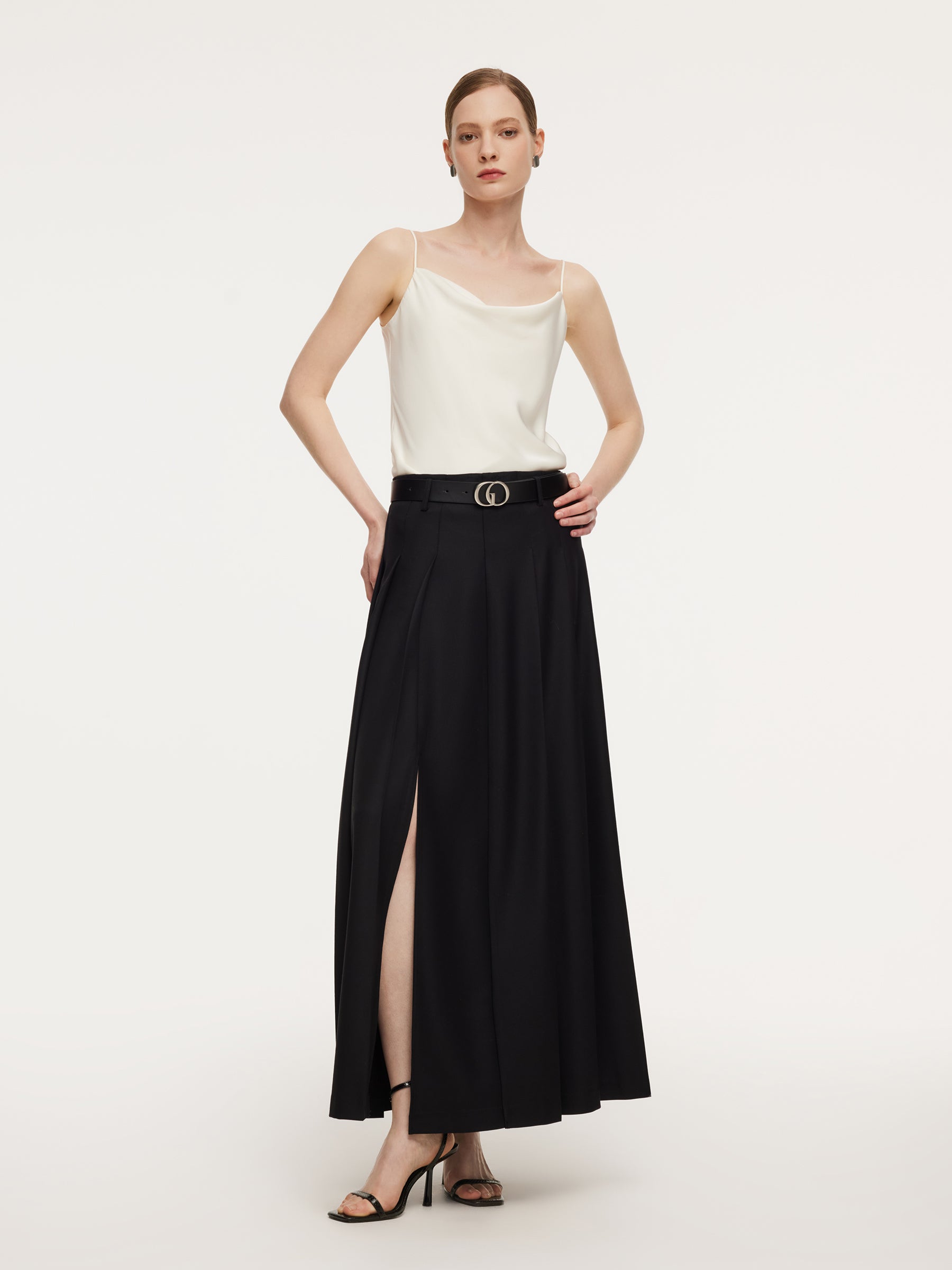 100% Wool Side Slit Women Pleated Skirt With Belt GOELIA