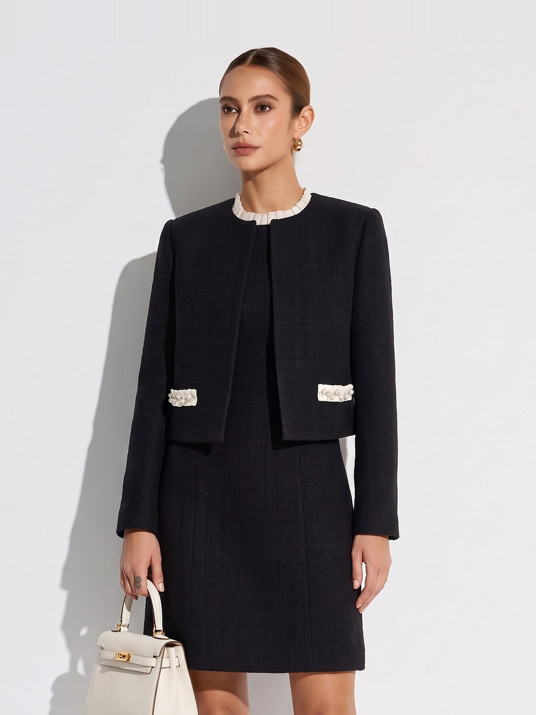 Pre-Order Cotton Blend Cropped Jacket And Ruffle Sleeveless Mini Dress Two-Piece Set GOELIA