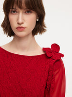 Chili Red Jacquard Boat Neck Women Midi Dress With Detachable Flower GOELIA