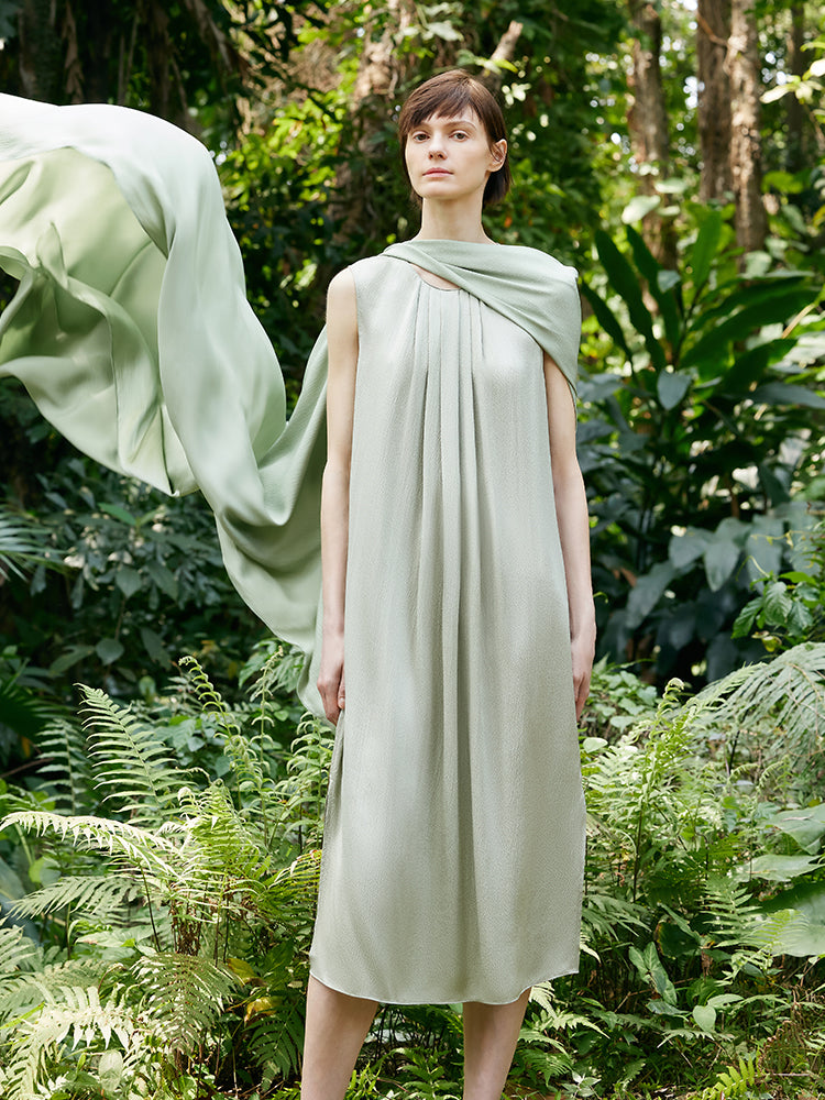 19 Momme Mulberry Silk Pleated Women Midi Dress With Belt GOELIA