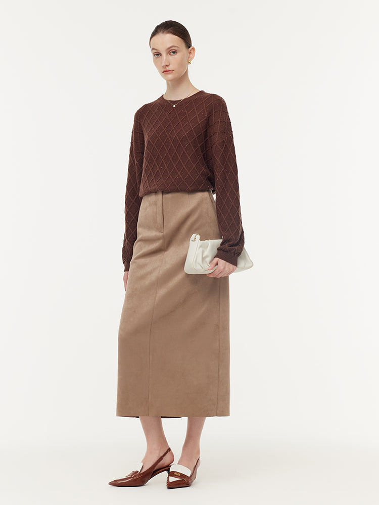 Faux Suede Back Slit Women Midi Skirt GOELIA