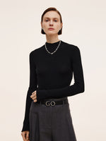 100% Machine Washable Wool Mock Neck Women Knit Top GOELIA