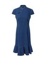 Denim Ruffle Hem Women Stretchy Knit Qipao Mini Dress GOELIA