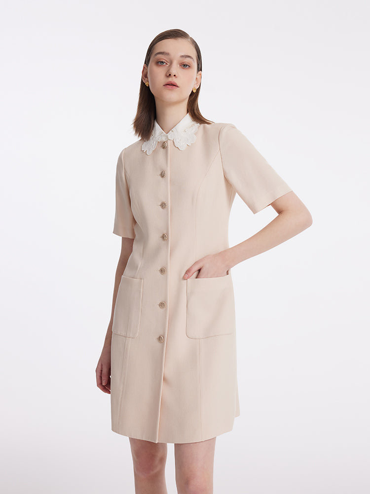 Acetate Single-Breasted Women Mini Dress With Detachable Lace Collar GOELIA