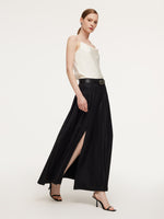 100% Wool Side Slit Women Pleated Skirt With Belt GOELIA