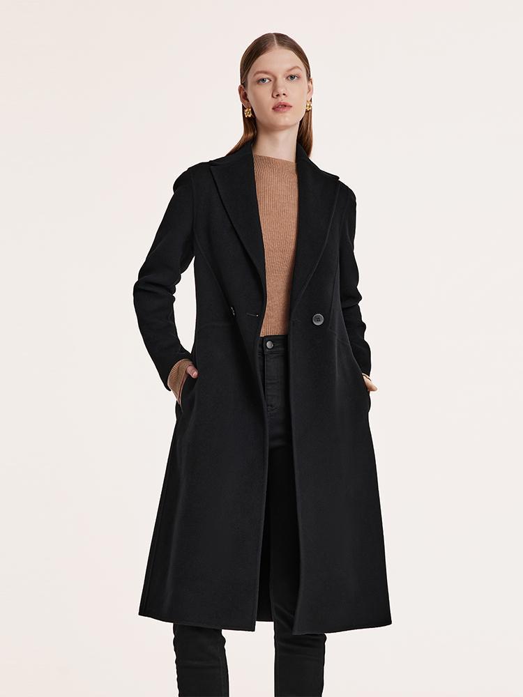 Black Wool And Cashmere Notched Lapel Women Coat GOELIA