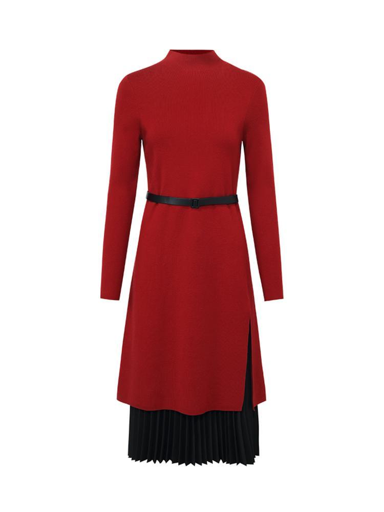 Mock Neck Long Sweater And Wool Pleated Skirt Two-Piece Set GOELIA