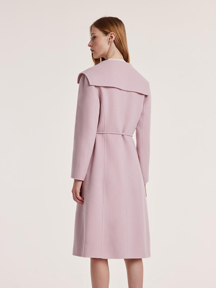 Pink Tencel Wool Double-Faced Lapel Coat With Belt GOELIA