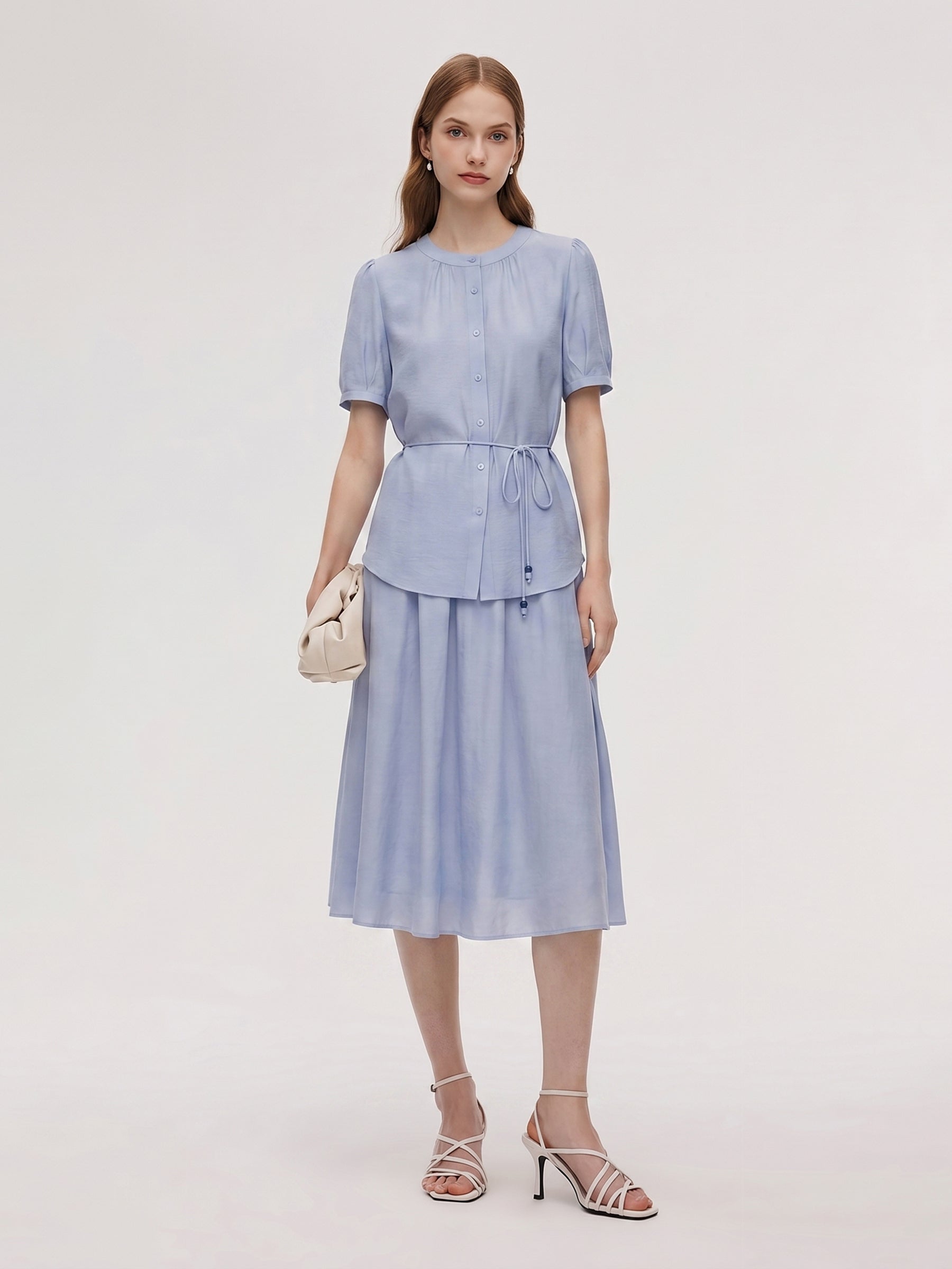 Acetate Blend Blouse And A-Line Skirt Belted Two-Piece Set GOELIA