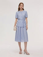 Acetate Blend Blouse And A-Line Skirt Belted Two-Piece Set GOELIA
