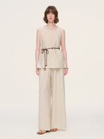 100% Linen Braided Neck Tank Top And Pants Two-Piece Set With Beaded Belt GOELIA
