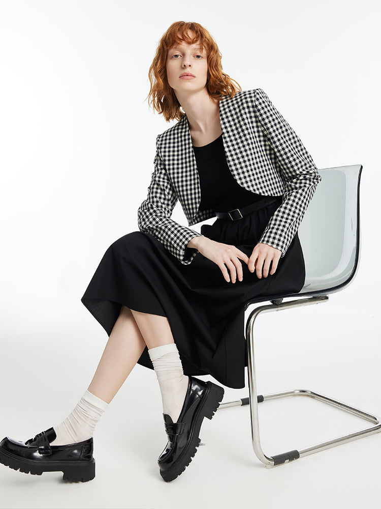Black And White Check Crop Jacket And Dress Two-Piece Set With Belt GOELIA