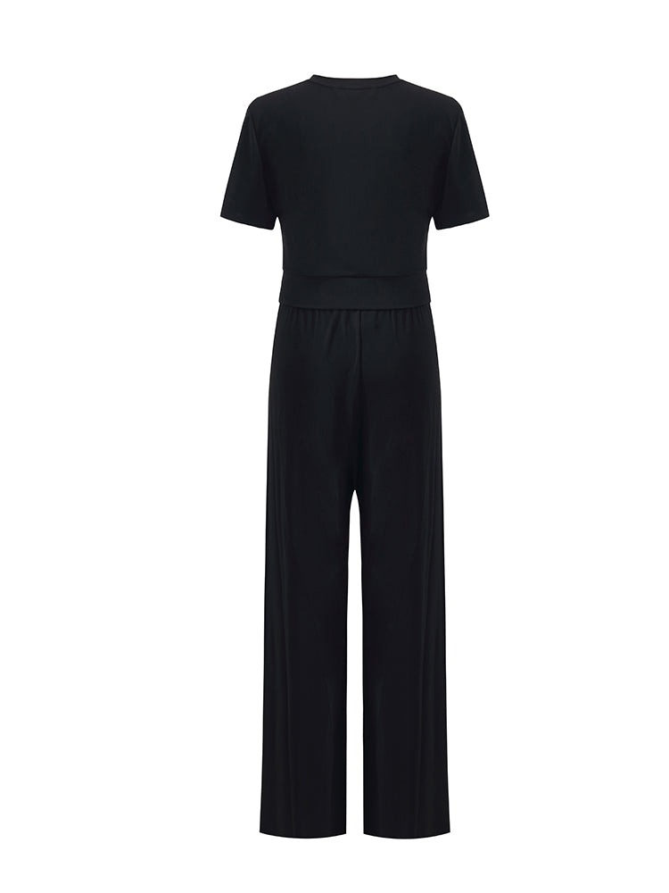 Acetate Crop T-shirt And Straight Pants Two-Piece Set GOELIA