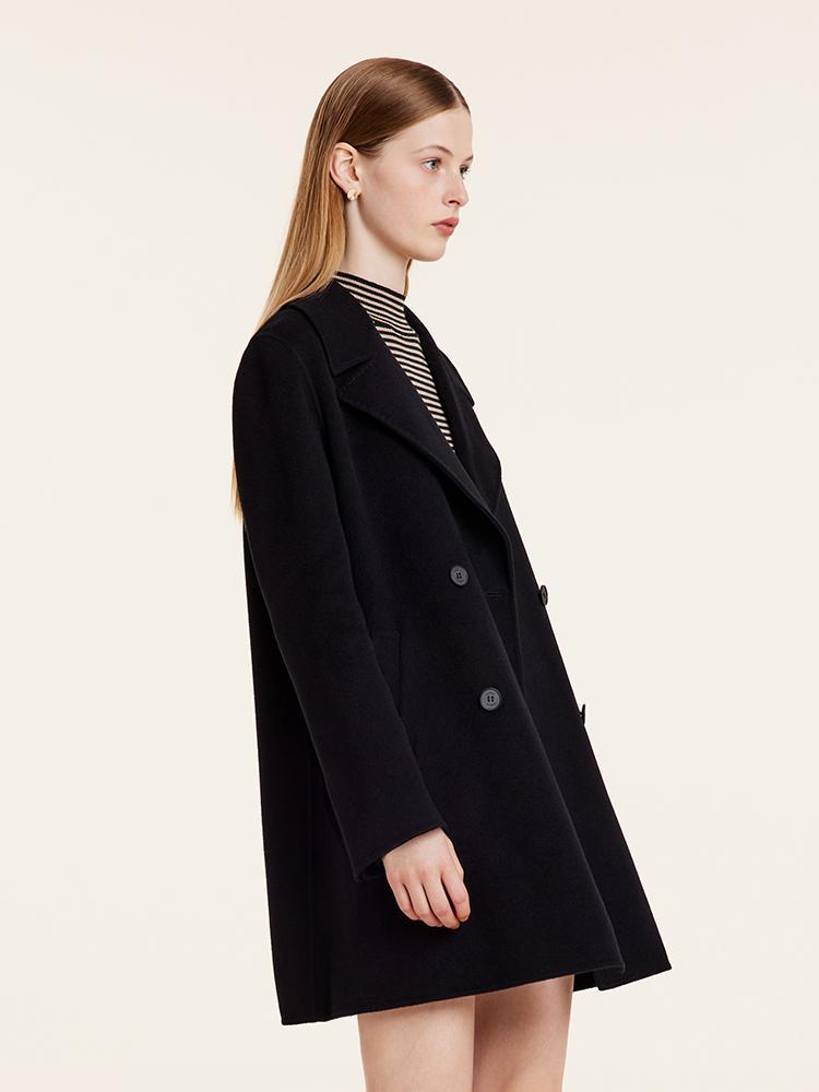 Notched Lapel Black Midi Women Wool Coat with Belt