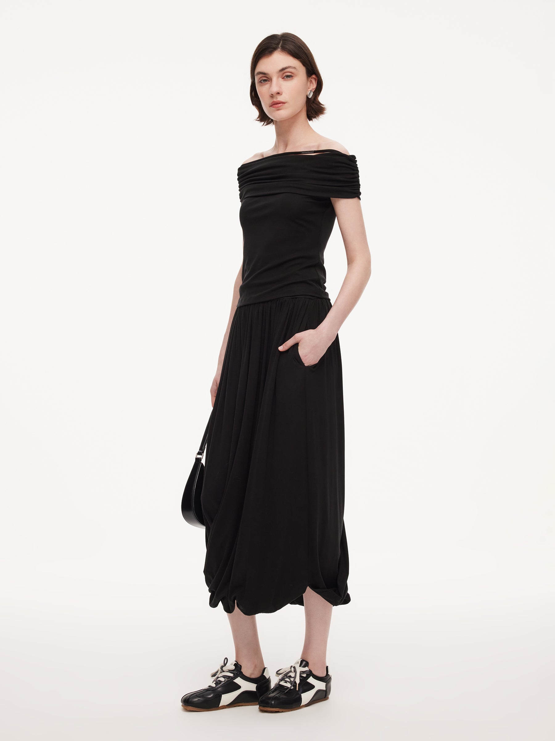 Tencel Blend Off Shoulder Knit Top And Bubble Hem Skirt Two-Piece Set GOELIA