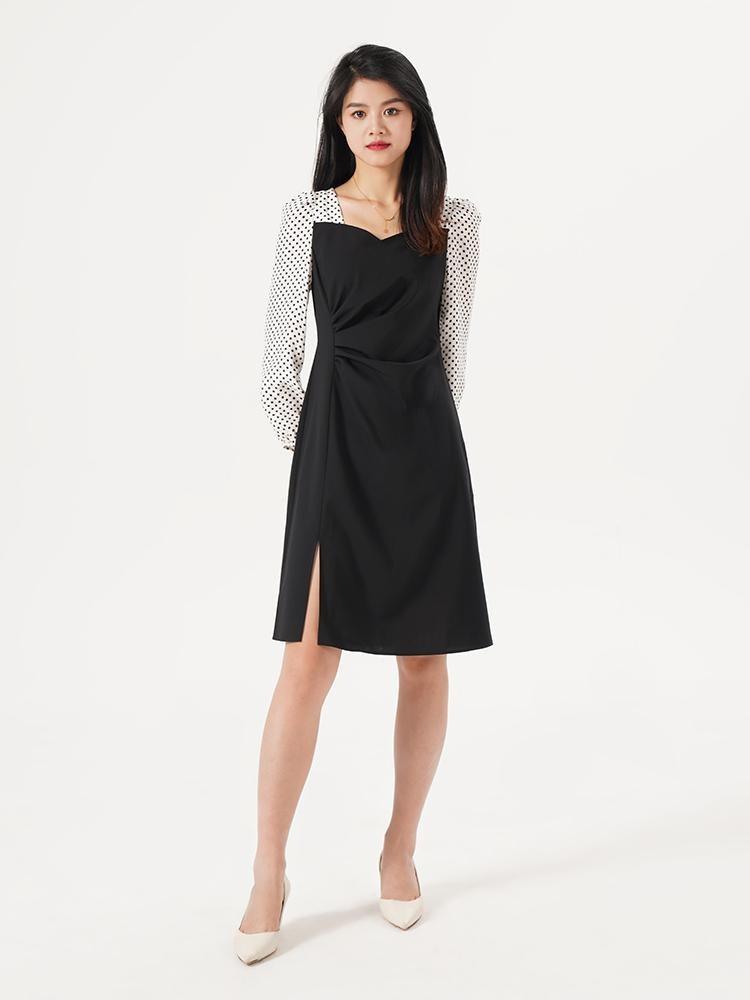 Worsted Wool Patchwork Gathered Waist Dress GOELIA