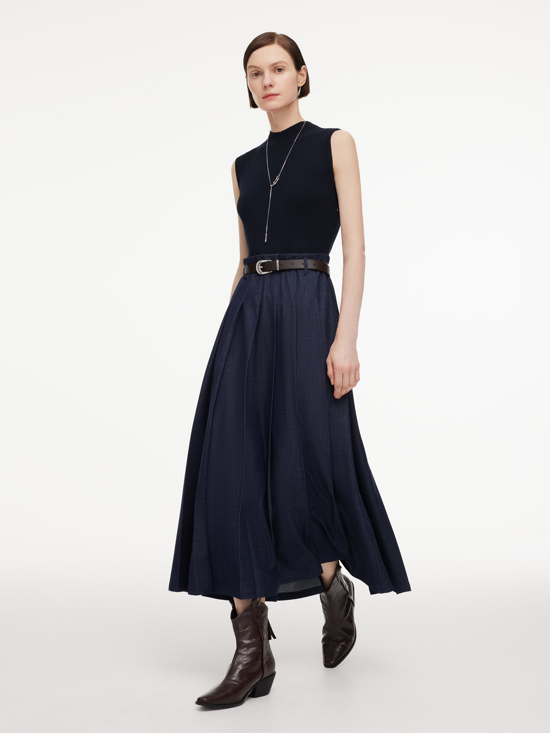 Lyocell Blend Patchwork Women Sleeveless Maxi Dress With Belt GOELIA